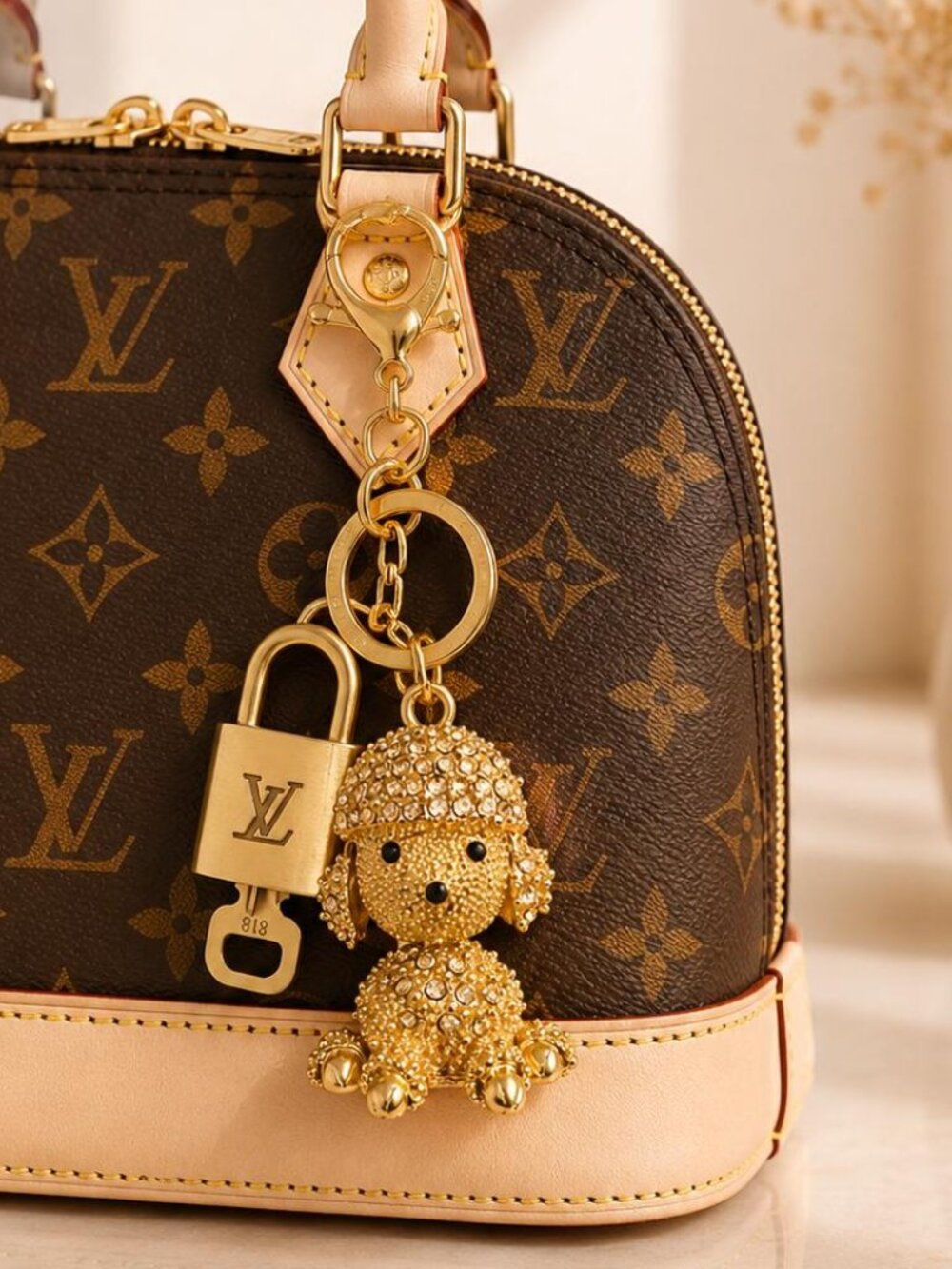 Authentic LV Gold Padlock 🔒Gold Rhinestone Poodle Dog Bag Charm Keychain